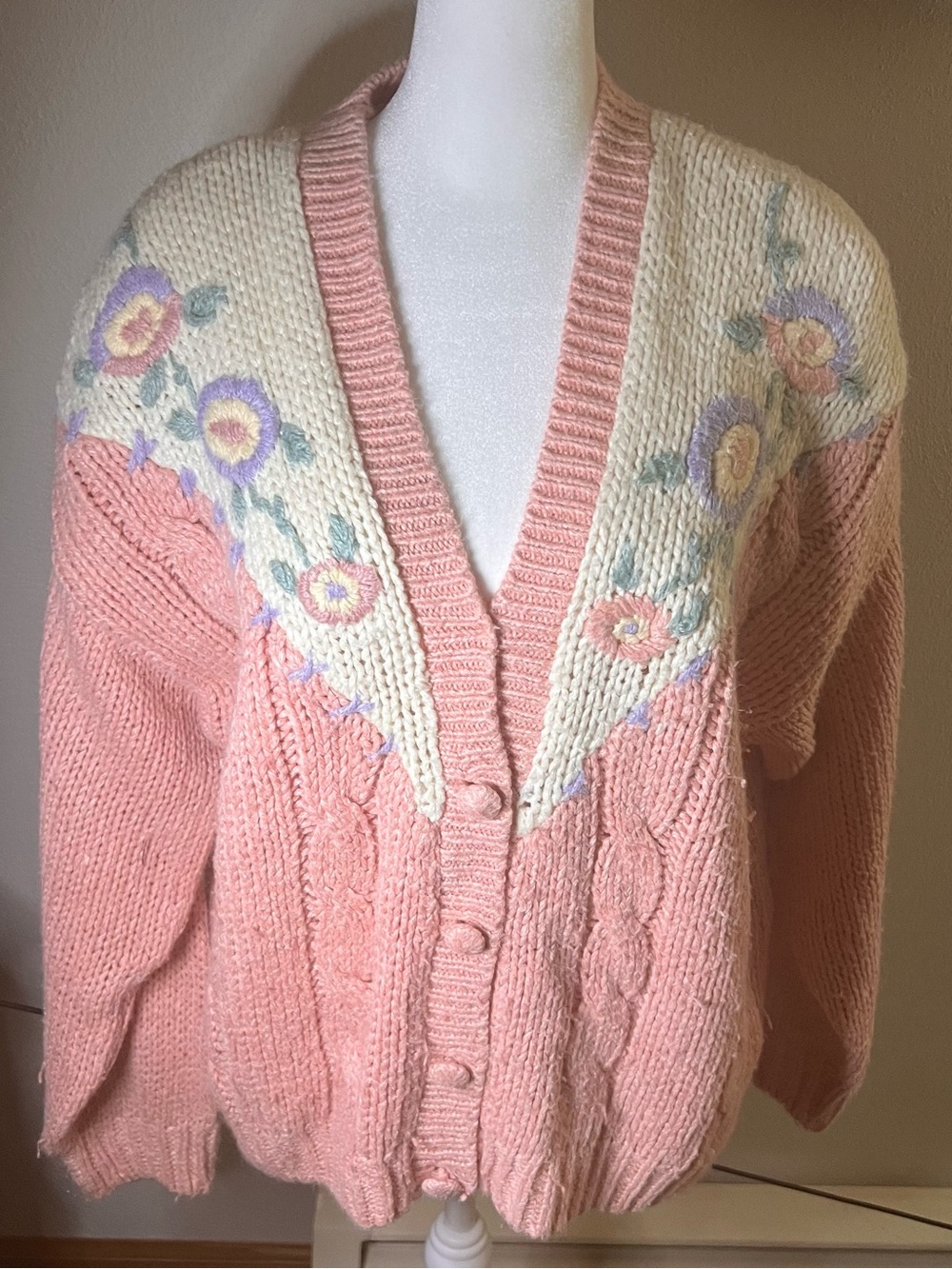 Pastel Pink Floral Yoke Cable Knit Cardigan - Women's Sweater